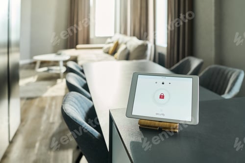 Preview: Tablet Displaying Smart Home Security System Interface in Modern Living Room