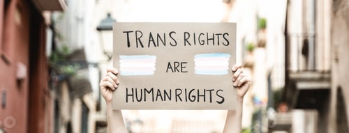 Preview: Trans people at gay pride protest holding transgender flag banner - Lgbt celebration event concept