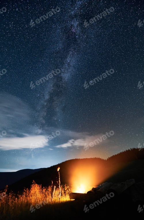 Preview: Male tourist is walking near bonfire in forest.