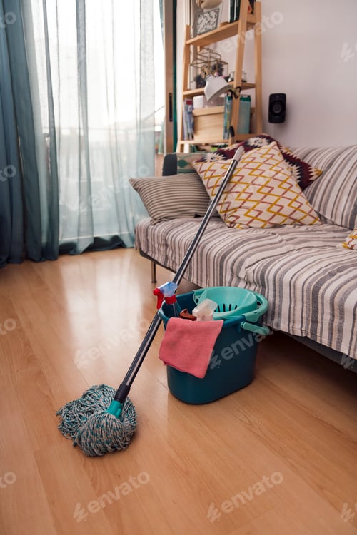 Preview: mop and bucket with cleaning products and a rag