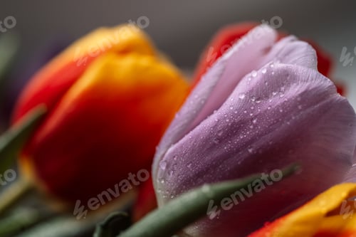 Preview: Background of a colored bouquet of tulips in water drops close-up