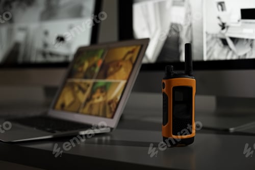Preview: Modern portable transmitter on table indoors. Security guard's workplace