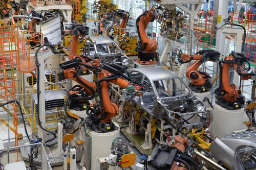 Preview: body of car on conveyor top view. Modern Assembly of cars at the plant. The automated build process
