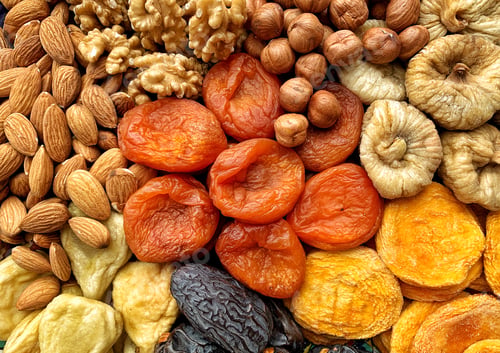 Preview: Assortment of healthy food: nuts and dry fruits