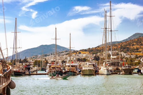 Preview: View of many yachts and boats moored at Bodrum harbor in a sunny summer day.