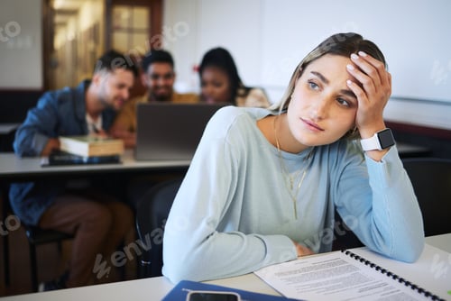 Preview: Stress, education and study with woman in classroom for exhausted, mental health and anxiety in col