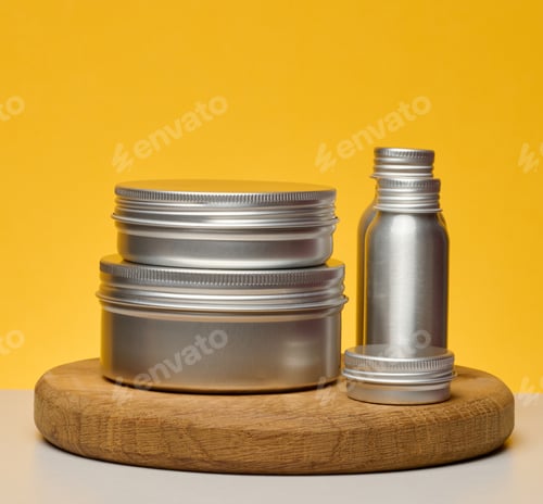 Preview: Aluminum jars and bottles for cosmetics and care. Minimalistic packaging