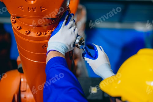 Preview: Professional maintenance worker with machine robotic arms at industrial factory