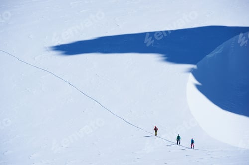 Preview: Distant view of three skiers on track, Mont Blanc massif, Graian Alps, France