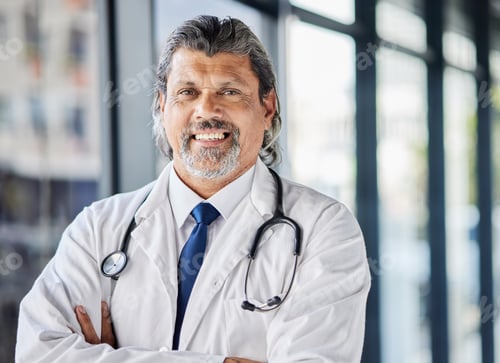 Preview: Doctor, healthcare portrait and arms crossed in clinic or hospital of patient support, leadership o