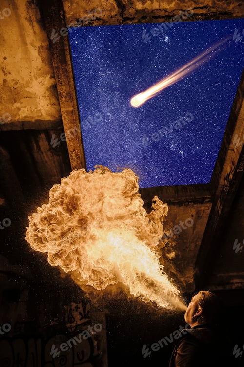 Preview: Low angle view of man fire breathing, meteor in starry night sky