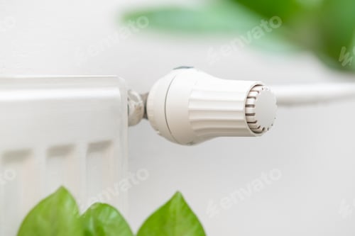 Preview: Thermostat on the battery to regulate heat and green leaves of the plant.