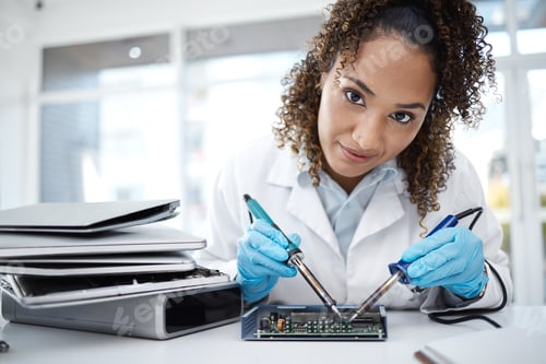 Preview: Computer hardware, soldering and portrait of black woman working on cpu, circuit and microchip. It