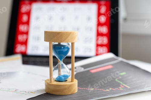 Preview: Hourglass and laptop with calendar on light background. Deadline concept