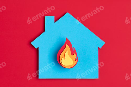 Preview: Papercut house with fire inside. Home insurance, security, safety, damage, accident prevention
