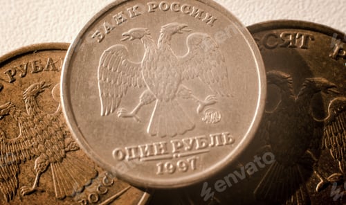Preview: The inscription on the coin Bank of Russia. Iron Russian coin with a face value of 1 ruble close-up