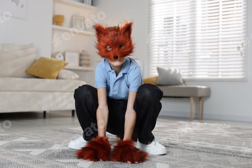 Preview: Quadrobics. Boy wearing fox mask and gloves at home