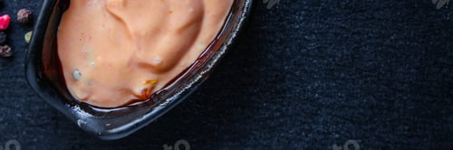 Preview: Sauce In A Sauceboat (Fresh Serving) Menu Concept Background. Top View. Copy Space