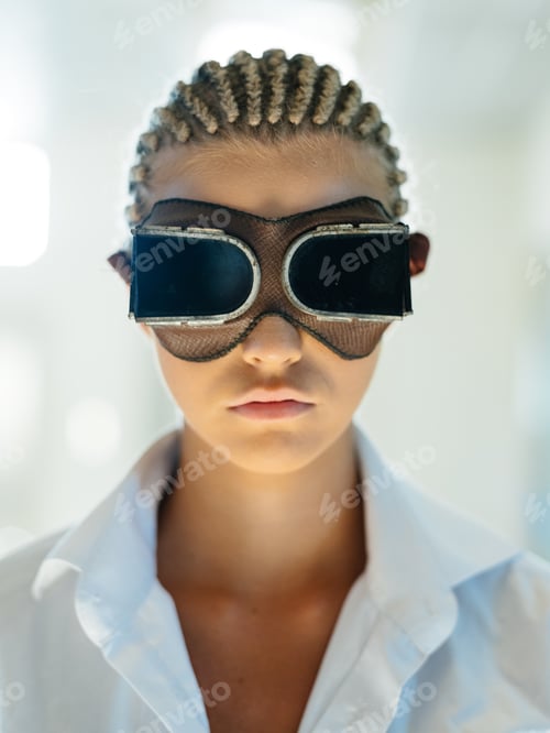 Preview: Fashionable woman with dreadlocks on her head and in 3D glasses of virtual reality on a light