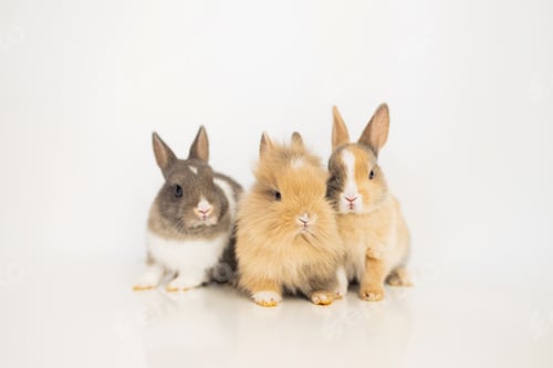 Preview: Group of three cute rabbits isolated on white background. Studio shot.