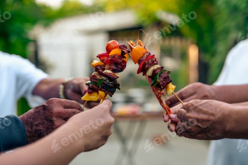 Preview: Home Garden BBQ Party, Wine Glasses Clink in Family Toast, enjoying harvest time together outside