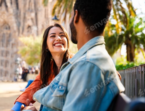 Preview: Multiracial beautiful happy couple of lovers dating in Barcelona