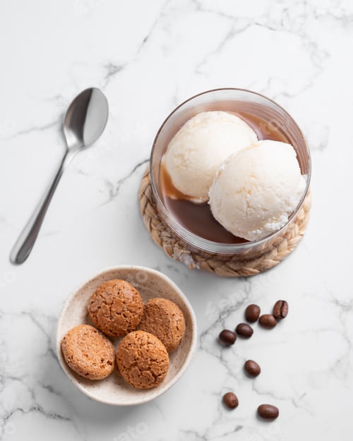 Preview: Affogato coffee with vanilla ice cream scoops and espresso in a glass