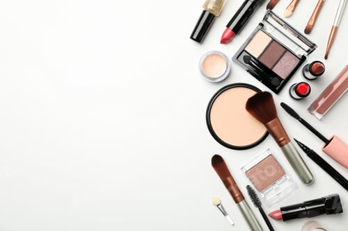 Preview: Different makeup cosmetics on white background, top view