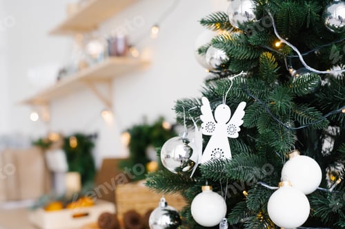 Preview: White Christmas Toys on the Christmas Tree Close up