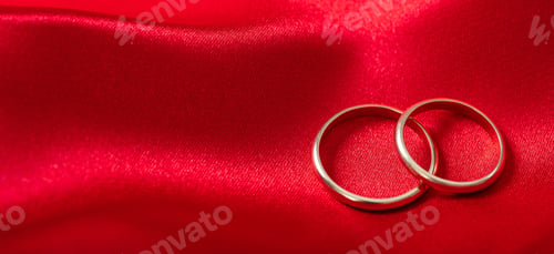 Preview: Two golden wedding rings on red satin background, banner, copy space