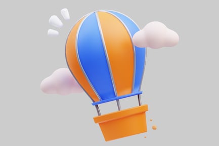 Visualização: Balão de ar quente em azul e laranja com nuvens