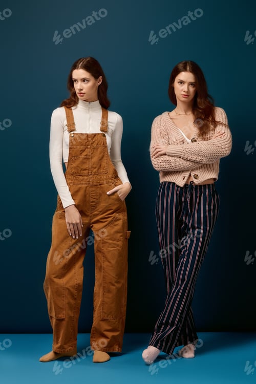 Preview: Twin sisters showcase unique fashion styles with elegance and charm in a captivating studio setting