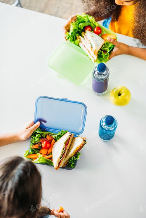 Preview: top view of little schoolgirls taking lunch together
