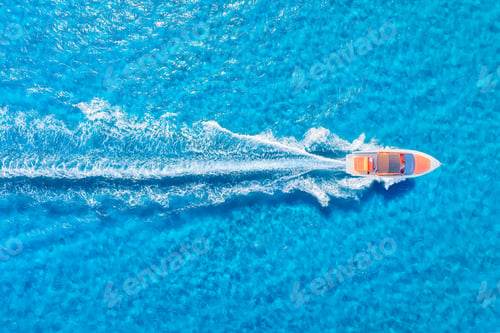 Preview: Seascape with motorboat. Vacation and leisure. Aerial view on fast boat on azure sea at sunny day.