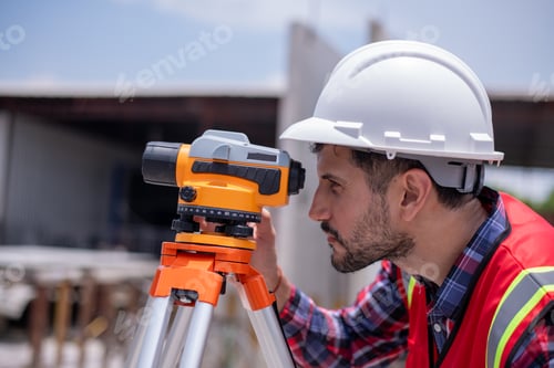 Preview: Construction surveyors wearing safety helmets and reflective working using theodolite