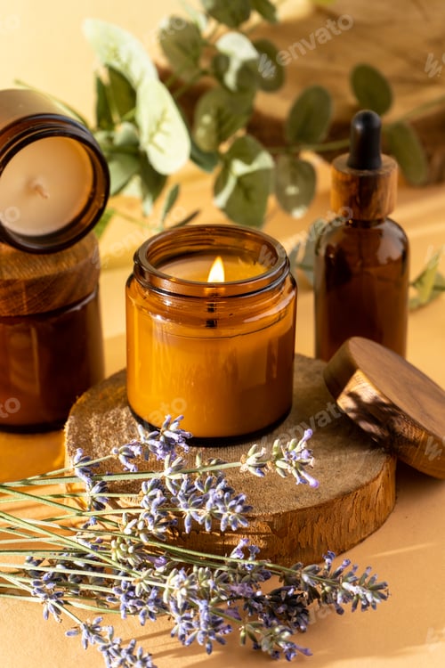 Preview: Soy candles in a glass jar. Aromatherapy. Burning candle and lavender.