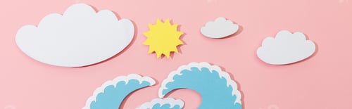 Preview: Top view of paper cut sea waves, clouds and sun on pink background, panoramic shot