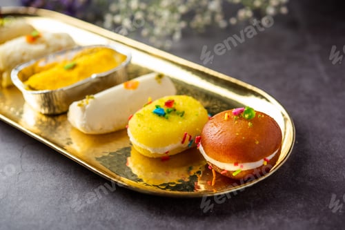 Preview: Malai Chop or Cream sandwich made using filling Rasgulla or Gulab jamun sweet is a Bengali sweet