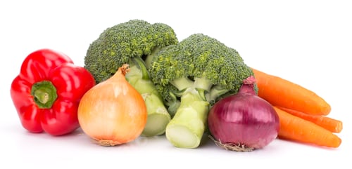 Preview: Fresh vegetables: brocolli, bell peppers, carrot, onion isolated on white background