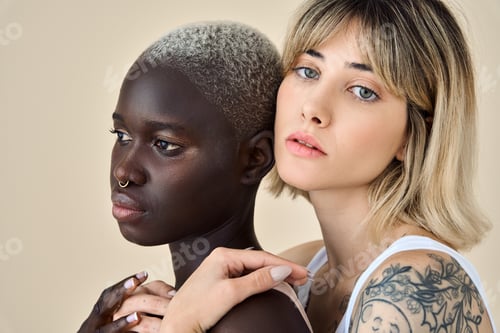 Preview: Generation z girls beauty models faces on beige background, close up portrait.