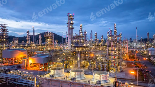 Preview: Aerial view oil and gas refinery plant at night, Global business energy logistic transportation