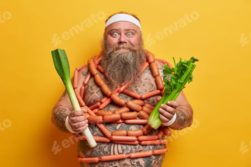 Preview: Positive overweight man with thick belly and sausages around, obsessed with food, keeps to diet, hol