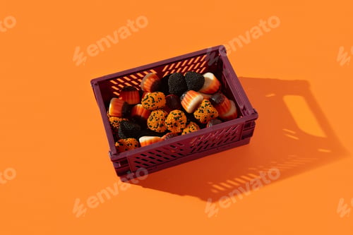 Preview: Candy in box on orange background. Halloween sale concept