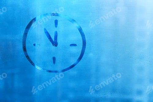 Preview: Doodle shape of watch face on foggy glass window on blue background