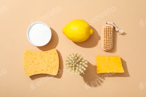 Preview: Soda, lemon, soap, sponge and brush on beige background, top view