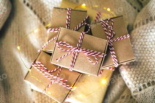 Preview: Handmade gift boxes. Christmas holiday cozy, mood concept. Top view