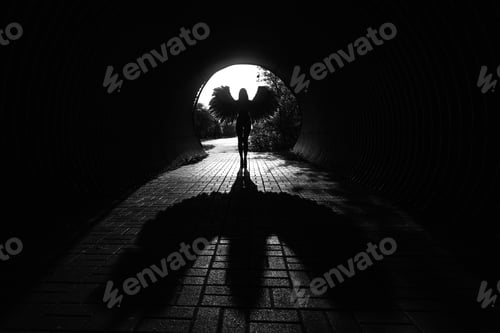 Preview: Angel silhouette with shadow in the tunnel