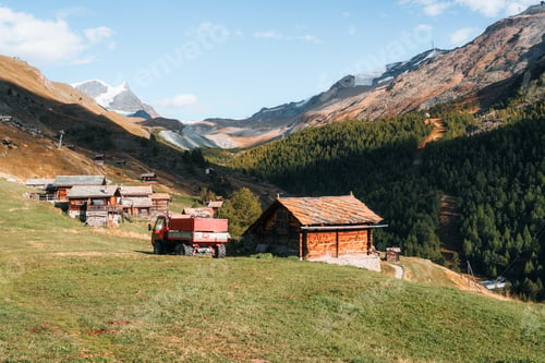 Preview: Farming village with wooden hut and truck among the Swiss Alps at Findeln, Switzerland