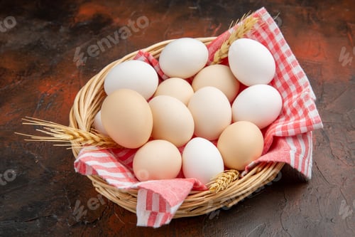 Preview: front view white chicken eggs inside basket with towel on a dark background farm photo animal meal