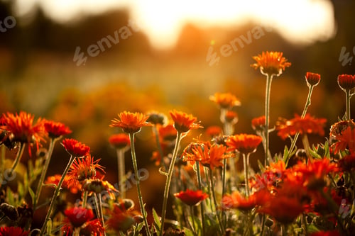 Preview: Natural summer background. Orange field flowers in the morning sun rays with soft blurred focus